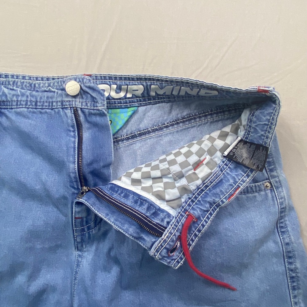 A-Lab Womens Y2K Denim Shorts Size 38 Blue Raw Hem Rave Skater Graphic Patch - Picture 12 of 14